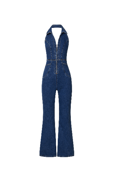 Casidy Jumpsuit - Zip Front Collared Halter Neck Denim in Mid Blue Wash